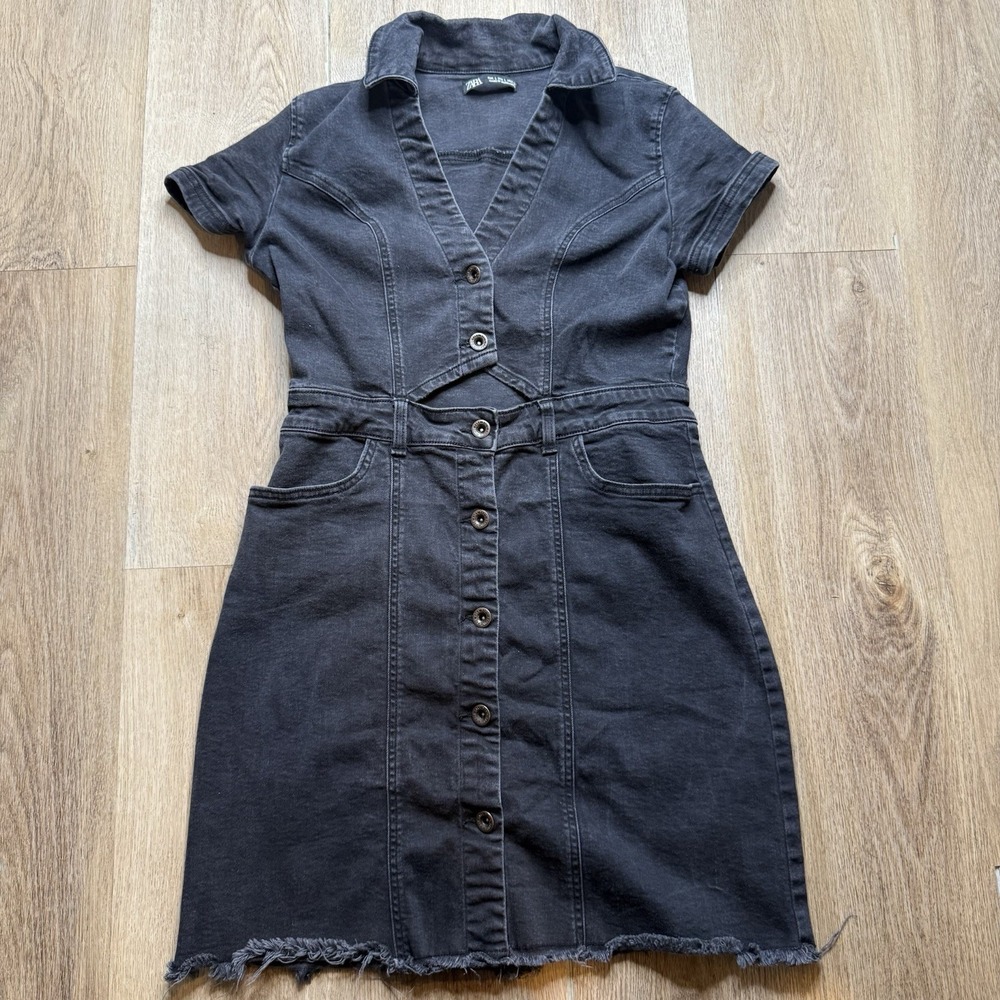 ZARA Dark Black Denim Mini Button Down Dress Women's L Retro Edgy Keyhole Cutout